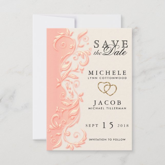 Elegant Peach Floral Swirl Save the Date (Front)
