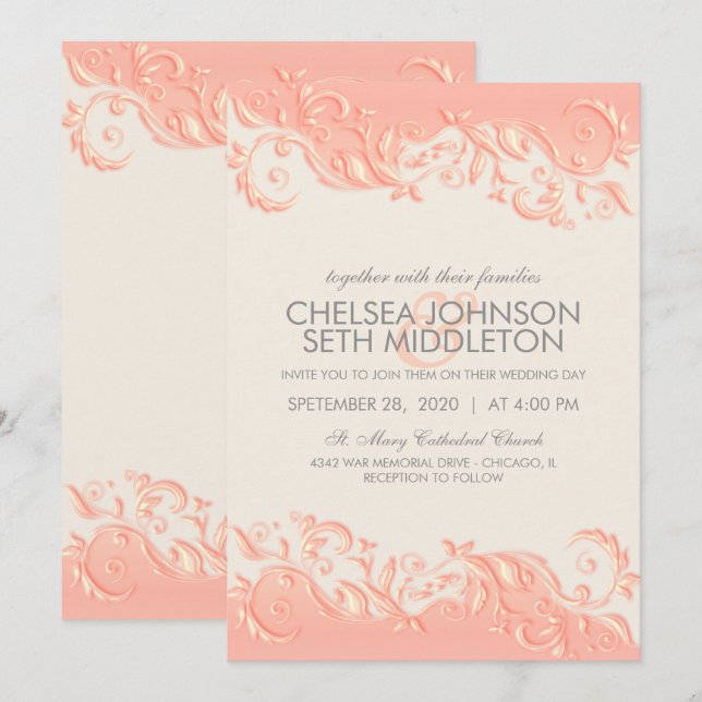Elegant Peach Floral Swirl Wedding Invitation (Front/Back)