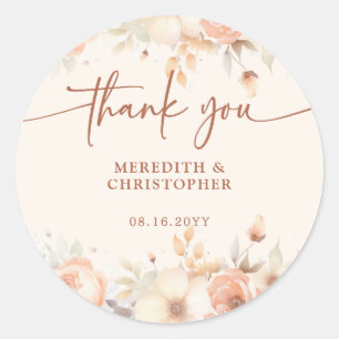 Elegant Peach Floral Thank You Wedding Favour Classic Round Sticker