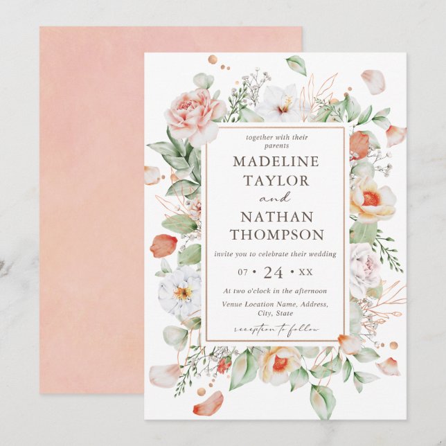 Elegant Peach Floral Watercolor Border Wedding Invitation (Front/Back)