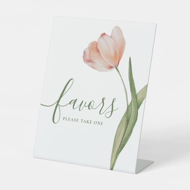 Elegant Peach Floral Watercolor Tulip Favour Pedestal Sign (Front)