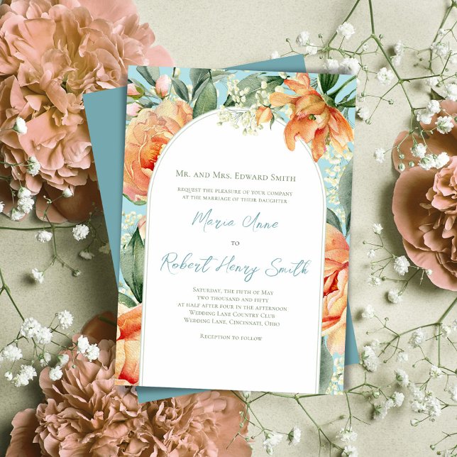 Elegant Peach Floral Wedding Boho Arch Invitation (Wedding beautiful peach floral invitations. )