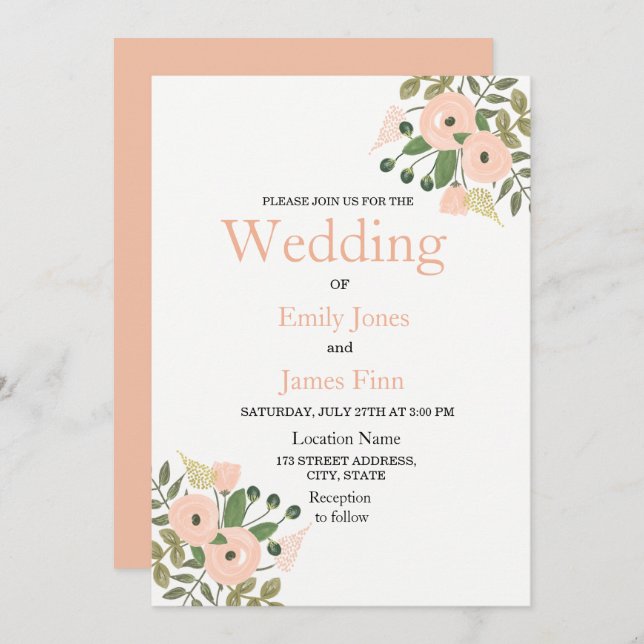 Elegant Peach Floral Wedding Invitation set (Front/Back)