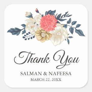 Elegant Peach Floral Wedding Square Sticker