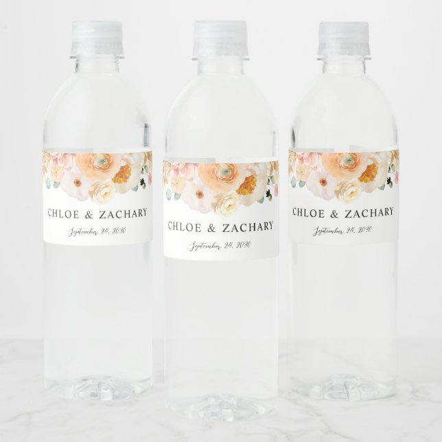 Elegant Peach Floral Wedding  Water Bottle Label (Bottles)