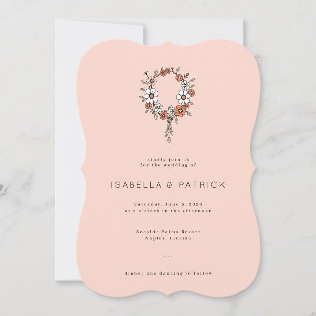 Elegant Peach Floral Wreath Invitation (Front)