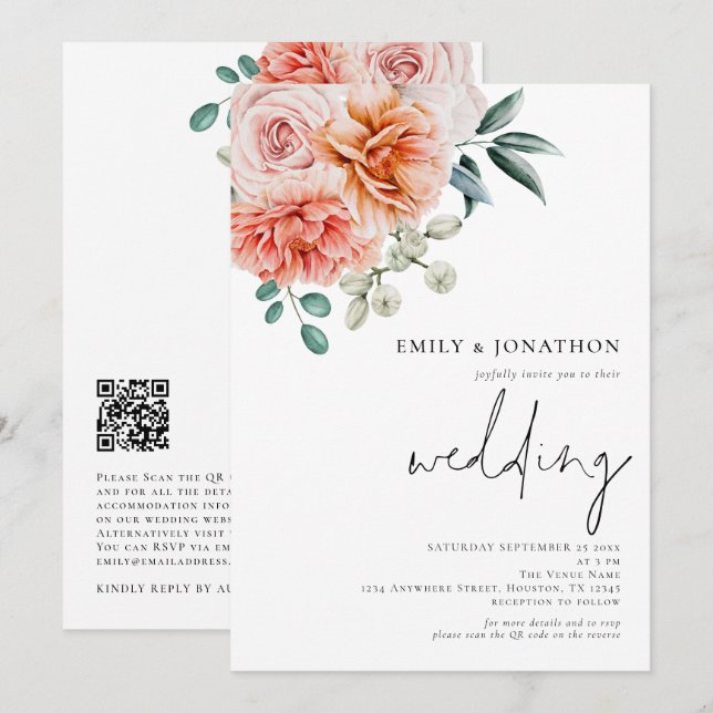 Elegant Peach Florals QR Code Wedding Invitation (Front/Back)