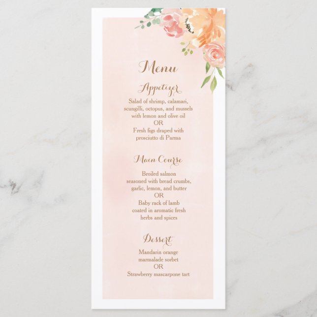 Elegant peach flower wedding reception dinner menu (Front)