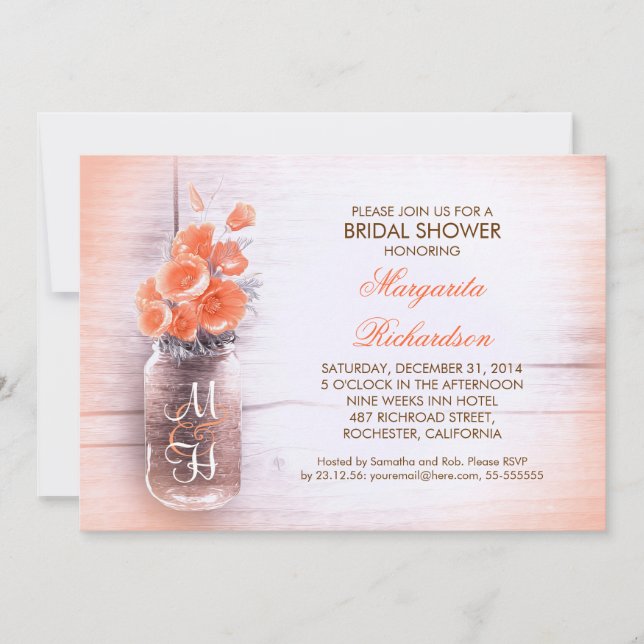 elegant peach flowers mason jar bridal shower invitation (Front)