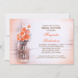 elegant peach flowers mason jar bridal shower invitation