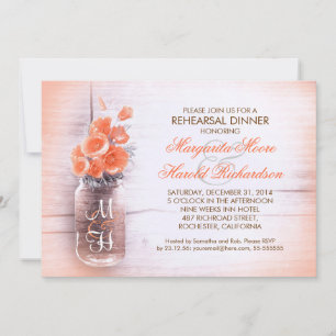 elegant peach flowers mason jar rehearsal dinner invitation