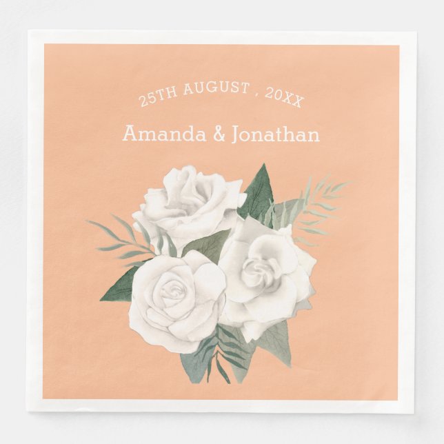 Elegant Peach Fuzz and White Roses Wedding Napkin (Front)