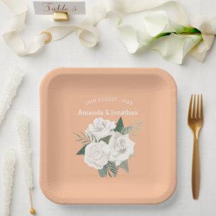 Elegant Peach Fuzz and White Roses Wedding Paper Plate