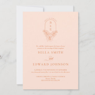 Elegant Peach Fuzz Floral Family Crest Wedding Invitation