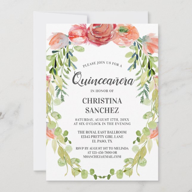 Elegant Peach Garden Floral Quinceañera Birthday   Invitation (Front)