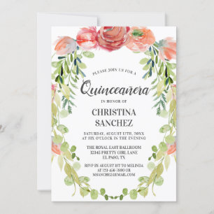 Elegant Peach Garden Floral Quinceañera Birthday   Invitation