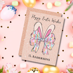 Elegant Peach Glitter Easter Bunny Ears & Bow Holiday Card