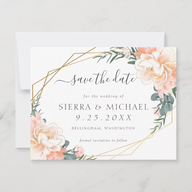 Elegant Peach Gold Floral Dusty Blue Save the Date Announcement (Front)