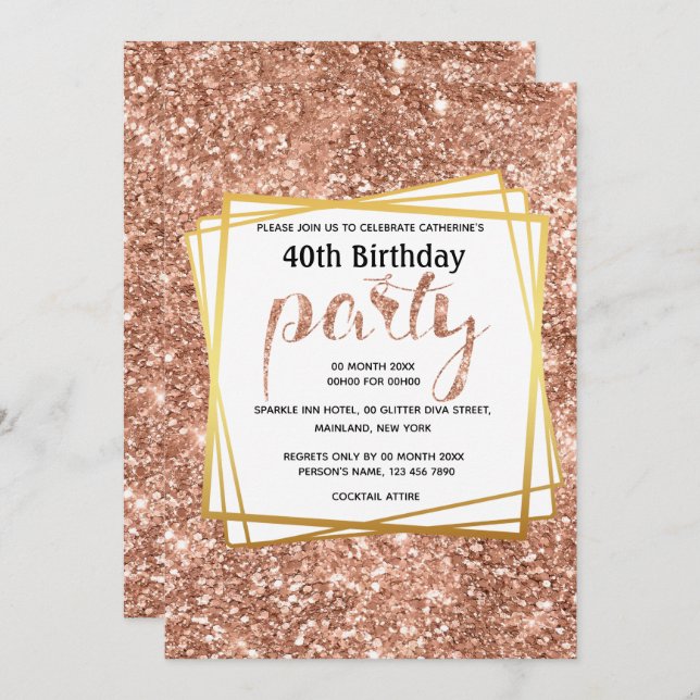 Elegant peach gold glitter 40th birthday spark invitation (Front/Back)