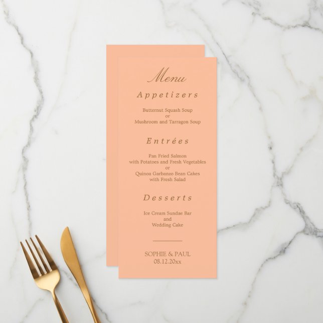 Elegant Peach Golden Beige Wedding Menu (Front/Back In Situ)