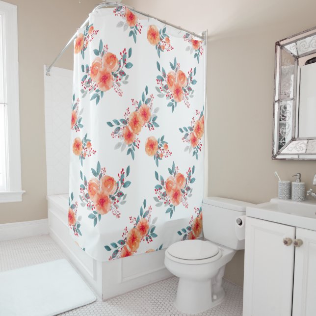 Elegant Peach & Green Floral Shower Curtain (In Situ)