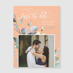 Elegant Peach Green Leaves Save the Date Magnet