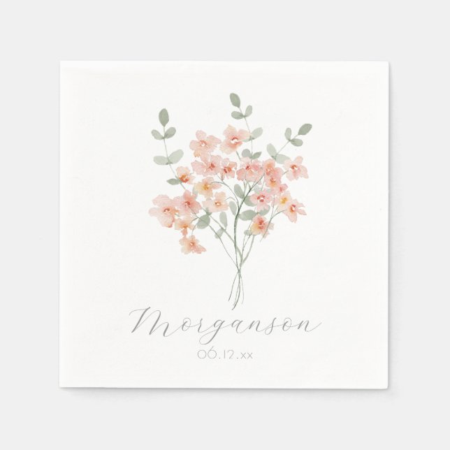 Elegant Peach &Green Watercolor Floral  Napkin (Front)
