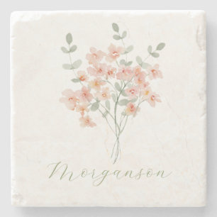 Elegant Peach &Green Watercolor Floral Stone Coaster