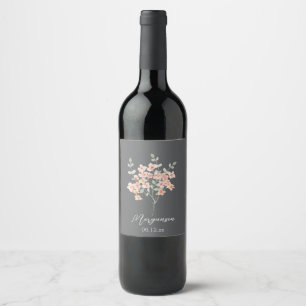 Elegant Peach &Green Watercolor Floral Wine Label