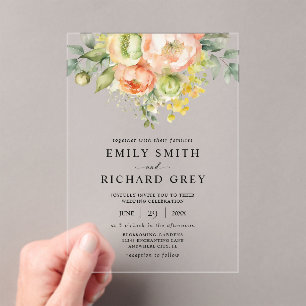 Elegant Peach & Greenery Floral Foliage Wedding Acrylic Invitations