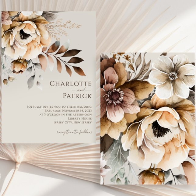 Elegant Peach Grey Brown Watercolor Floral Wedding Invitation (Creator Uploaded)