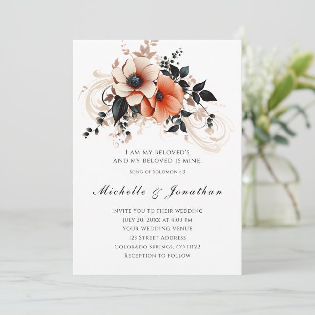 Elegant Peach Grey Floral Bible Christian Wedding Invitation (Standing Front)
