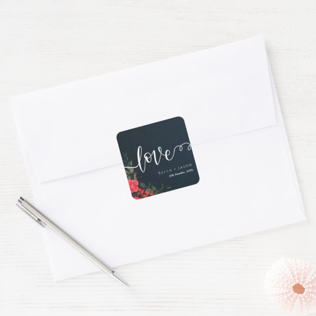 Elegant Peach Grey Floral Script Love Wedding Square Sticker (Envelope)