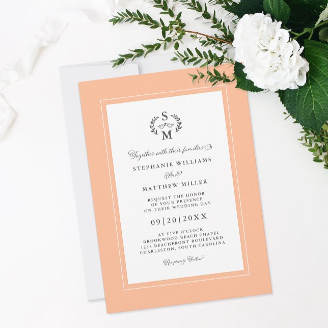 Elegant Peach Initials Calligraphy Crest Wedding Invitation (Elegant Peach Initials Calligraphy Crest Wedding Invitation)