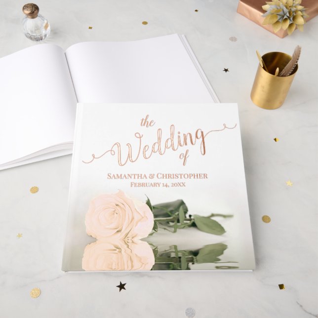 Elegant Peach Light Orange Rose Large Wedding Foil Guest Book (Front Open)