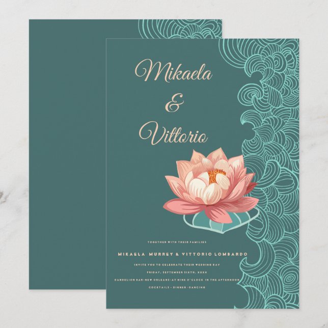 Elegant Peach Lotus On Teal Wedding Invitation (Front/Back)