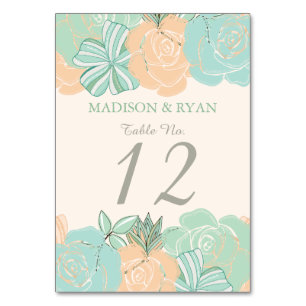 Elegant Peach Mint Floral Custom Wedding Table Number
