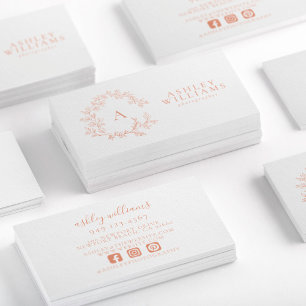 Elegant Peach Monogram Floral Crest Professional Business Card
