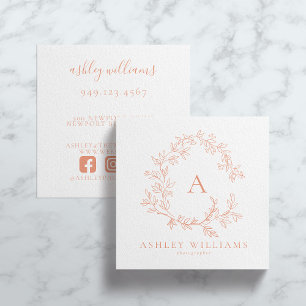 Elegant Peach Monogram Floral Crest Professional Square Business Card