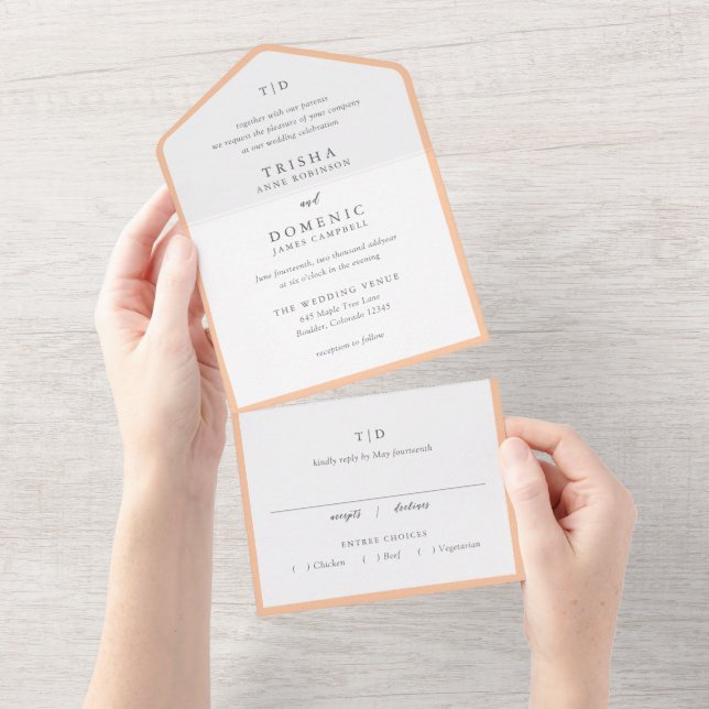 Elegant Peach Monogram Modern Wedding All In One Invitation (Tearaway)