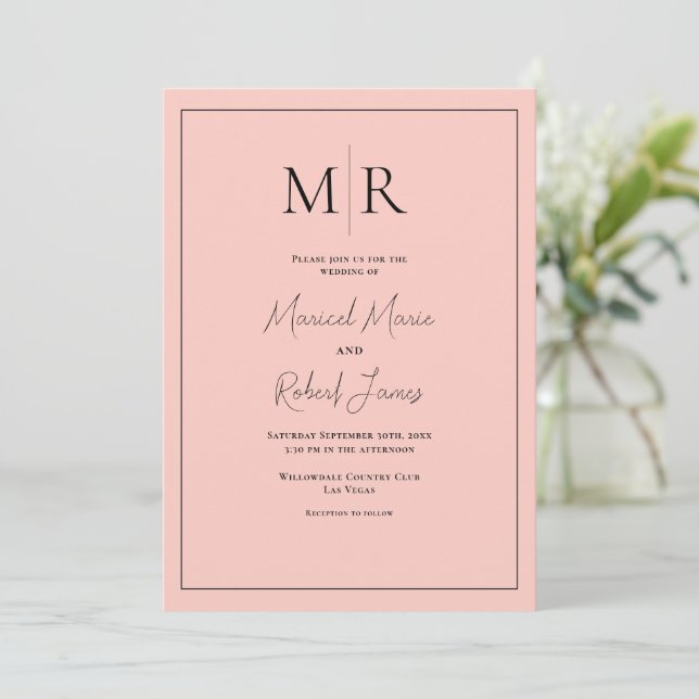 Elegant Peach Monogram Modern Wedding Invitation (Standing Front)