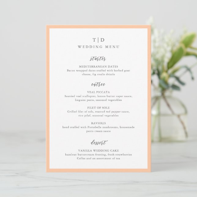 Elegant Peach Monogram Modern Wedding Menu (Standing Front)