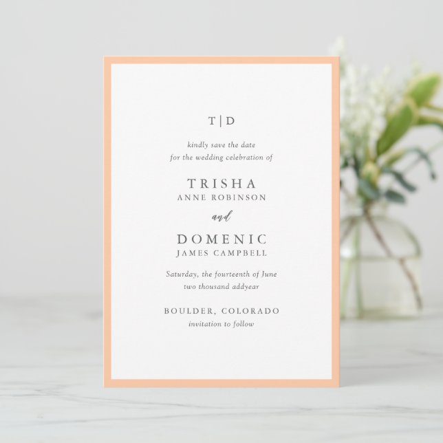 Elegant Peach Monogram Modern Wedding Save The Date (Standing Front)