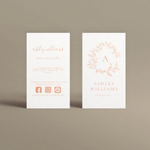 Elegant Peach Monogram Professional Floral Crest  Business Card
