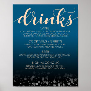 Elegant Peach Mykonos Blue Wedding Drinks Bar Menu Poster