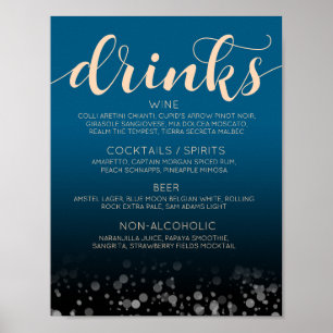 Elegant Peach Mykonos Blue Wedding Drinks Bar Menu Poster