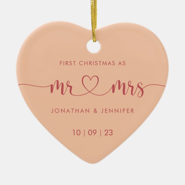 Elegant Peach Newlyweds Wedding Photo  Ceramic Tree Decoration (Front)