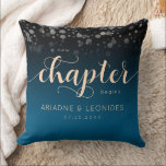 Elegant Peach Oceanic Blue Wedding A New Chapter Cushion<br><div class="desc">Make your special day an unforgettable celebration with this simple but stylish throw pillow, which features elegant handwritten and block lettering in peach with a shower of confetti set on a black to dazzling oceanic shade of blue evocative of the Mediterranean background. Reverse shows identical design. Customise as desired. Design...</div>