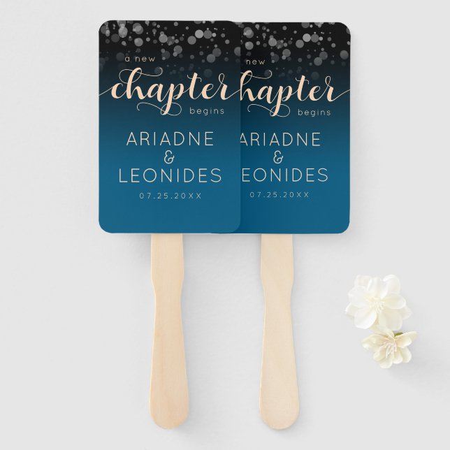 Elegant Peach Oceanic Blue Wedding A New Chapter Hand Fan (Front and Back)