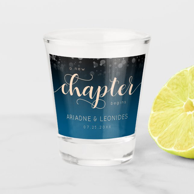 Elegant Peach Oceanic Blue Wedding A New Chapter Shot Glass (Front)